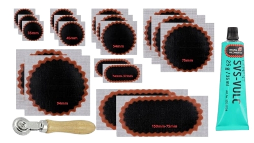 Zestaw łatek dętkowych nr 1.2.3.4.5.7.7b+Rolka+1 kleje 25g