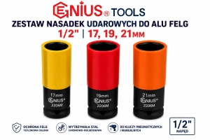 Zestaw nasadek udarowych do alu felg 17,19,21mm 1/2" Genius